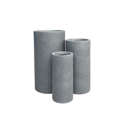 Three gray RC-1006 tall cylinder GFRC planters shown as a coordinated size grouping